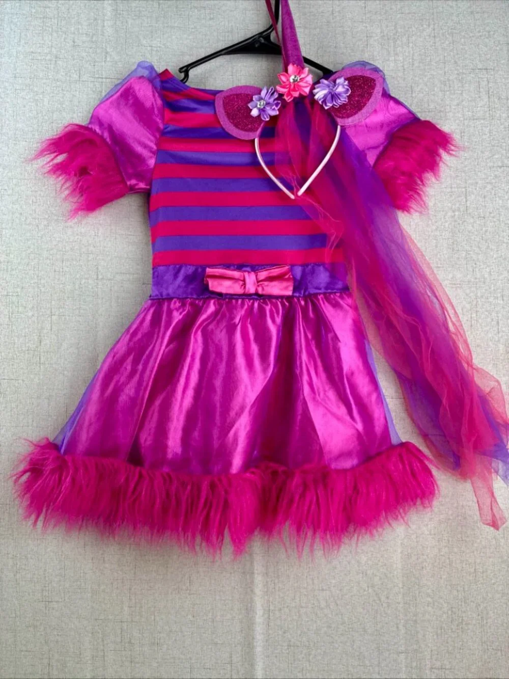 Girls Cheshire Unicorn Costume Pink Purple Stripes Fur Floral Headband Bow 2T 3T